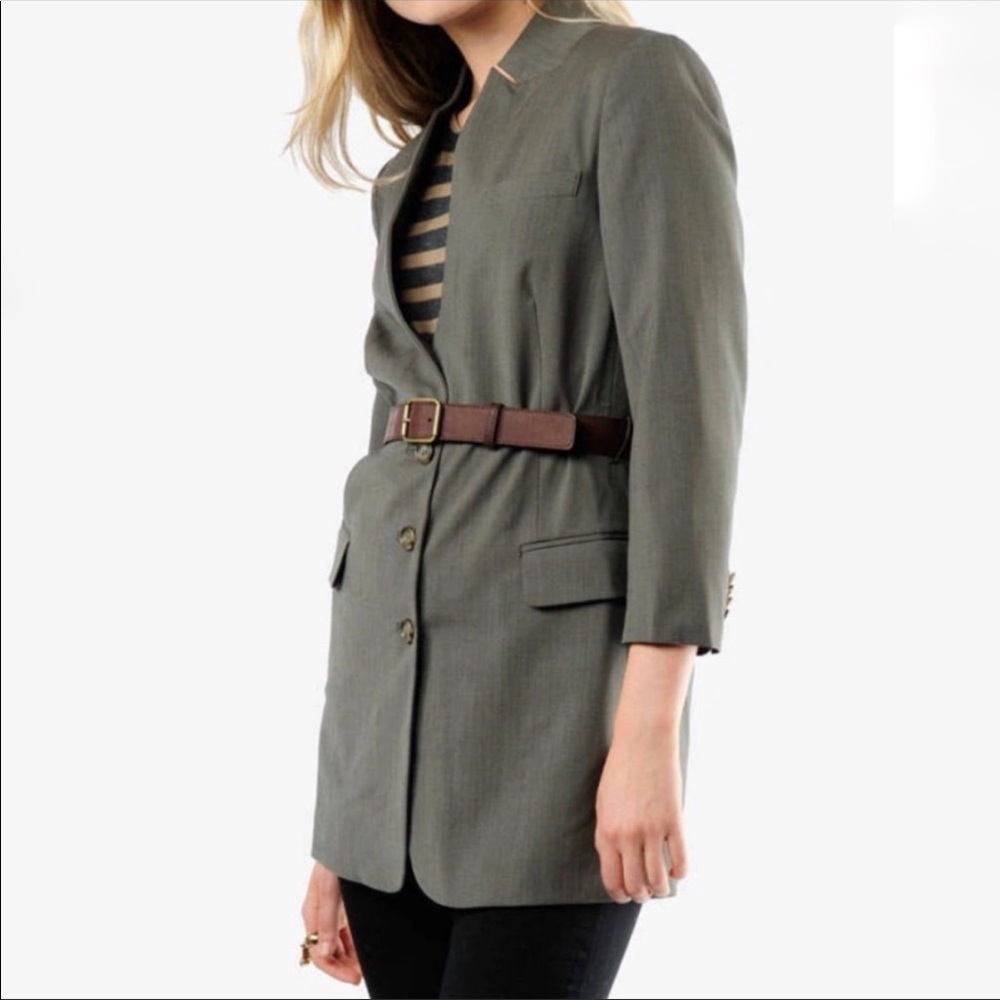 Elizabeth and James long length blazer crop sleeve oversized belted grey taupe